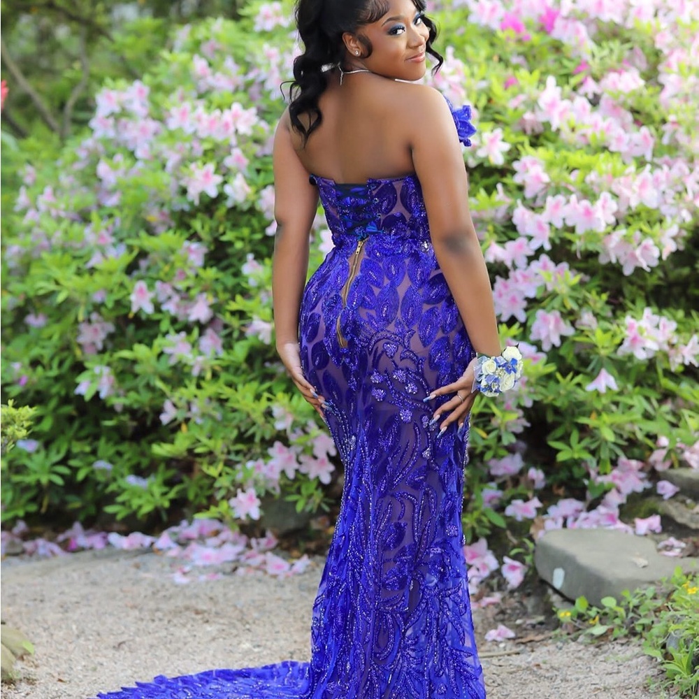Royal Blue Rhinestone and Sequin Strapless Prom Gown